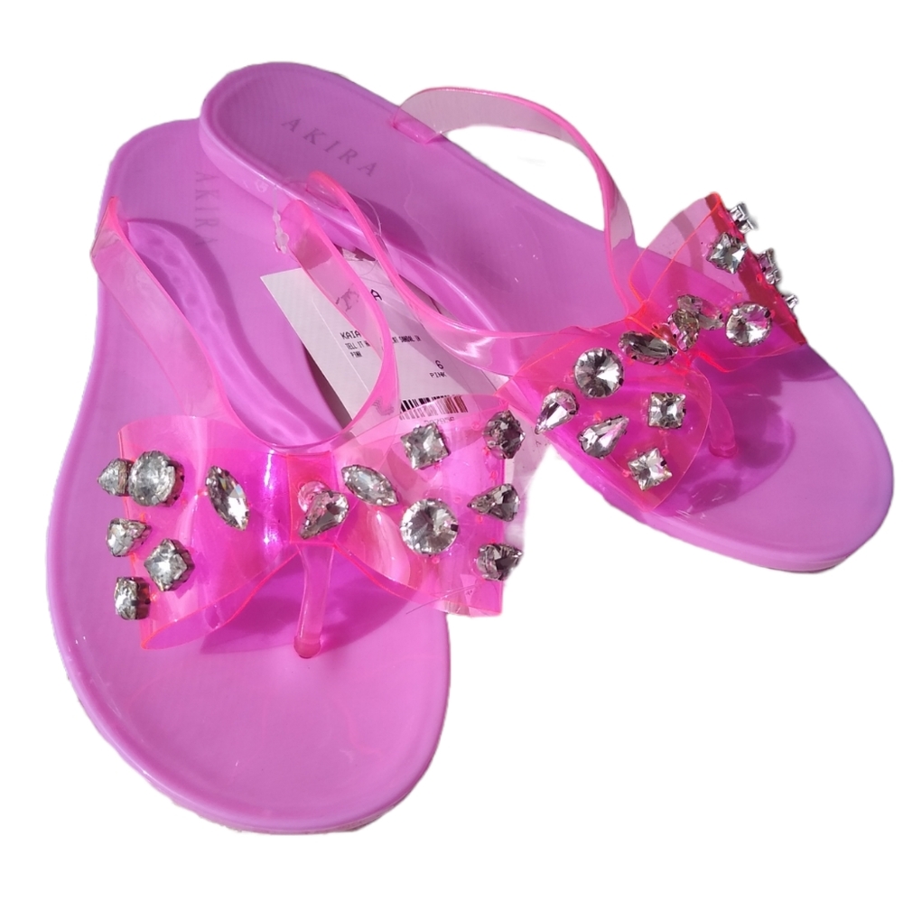New! Pink Jelly Rhinestone Gem Crystal Bow Bling Flip-flops Flat Sandal - Picture 3 of 12